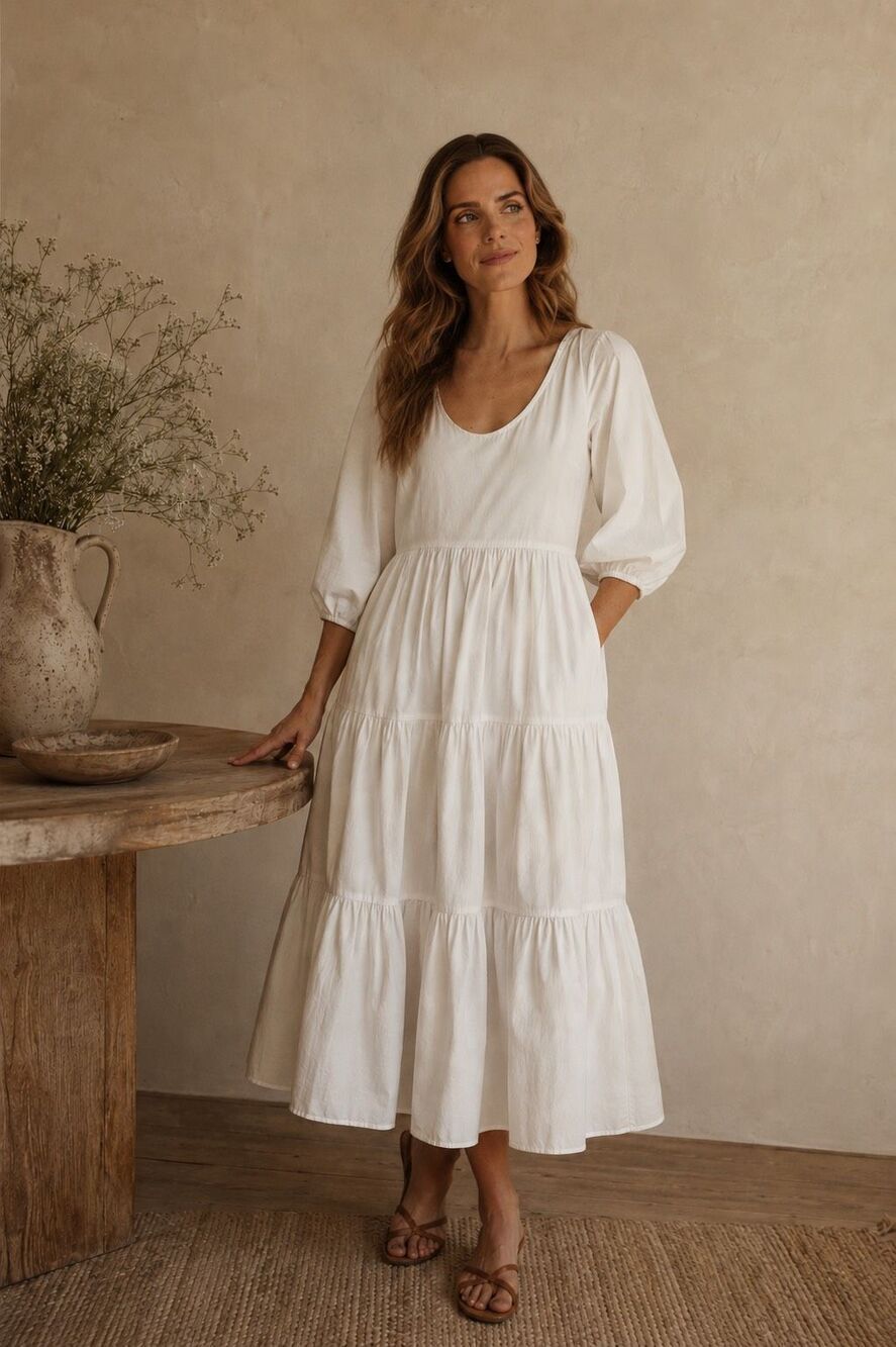 NWT Parterre x Julia Berolzheimer Avery White Tiered Cotton Midi Dress Cottageco - Picture 1 of 10